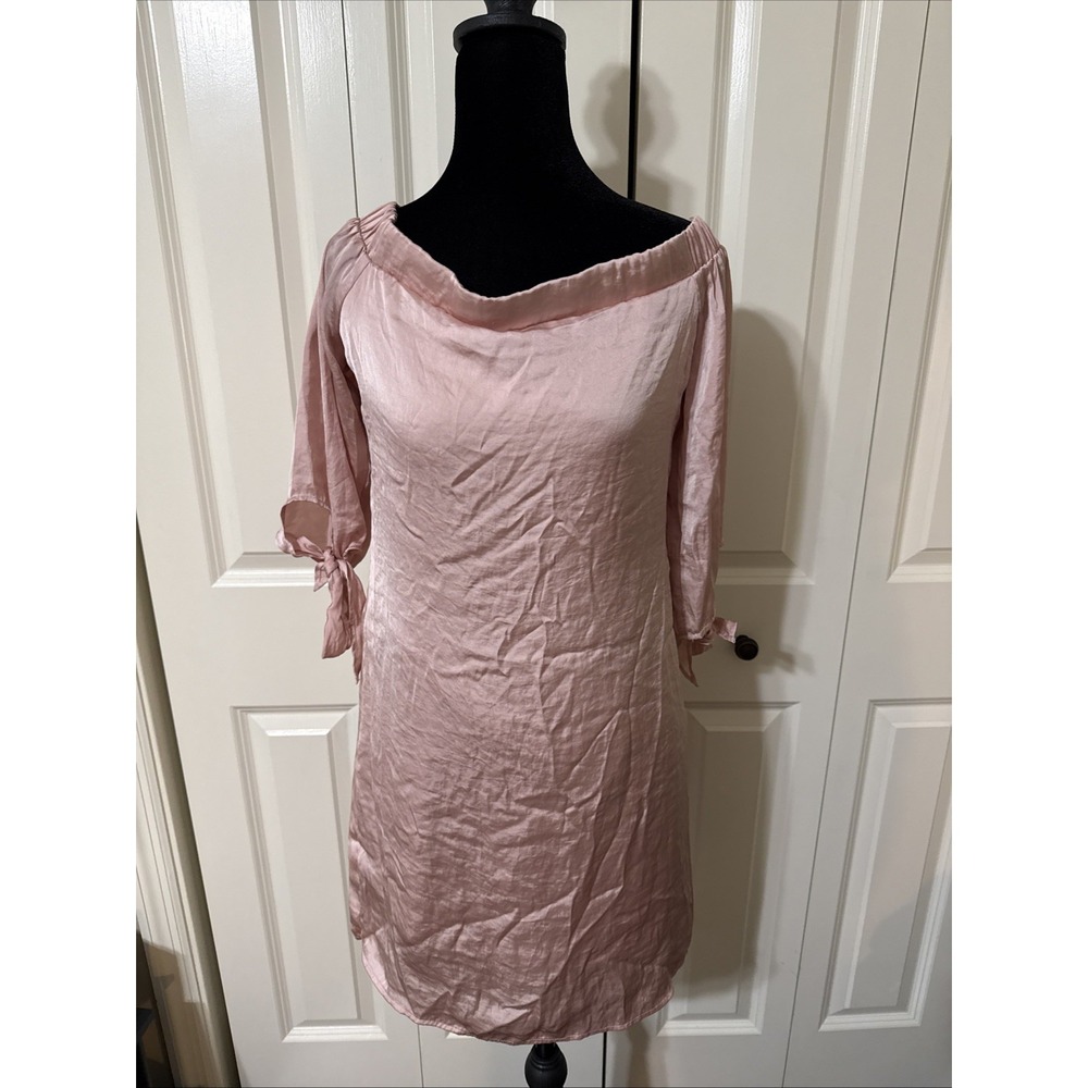 Women's Love Fire Satin Off Shoulder Mini Dress W Quarter Bow Sleeves Med Pink